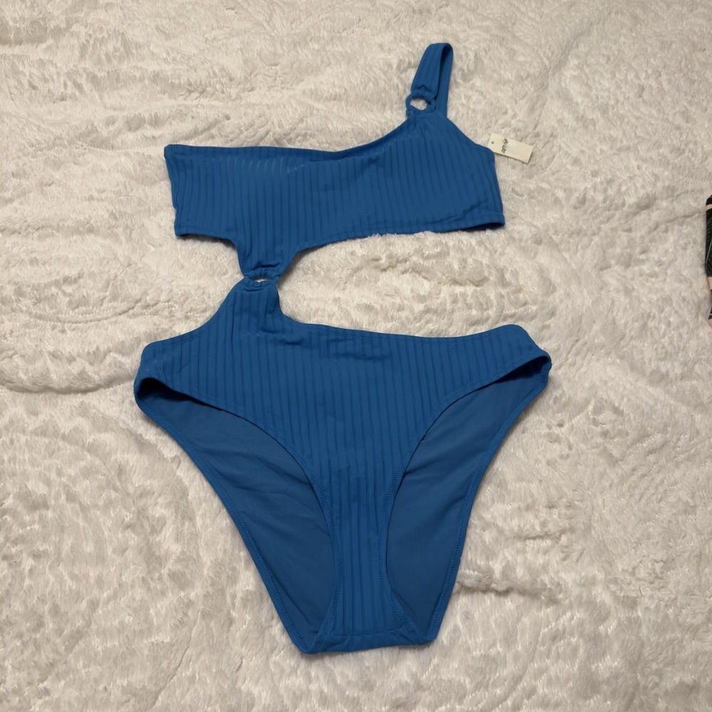NEW Aerie Wide Rib Cut Out One Shoulder Ring One Piece Swimsuit Sz XL Elite Blue - Picture 2 of 8